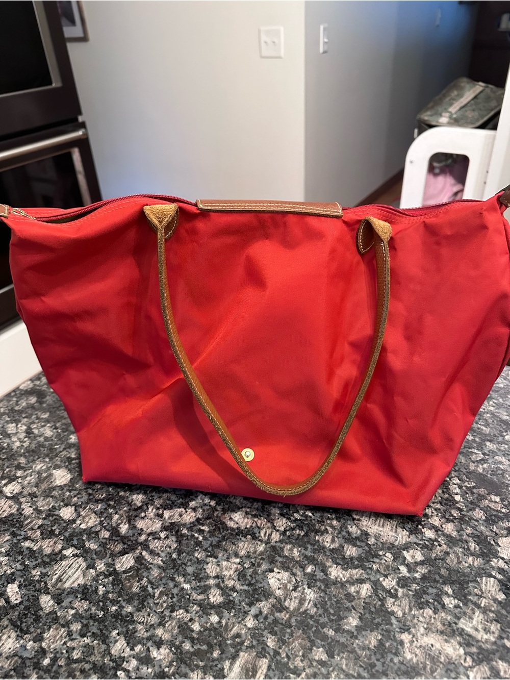 Longchamp Red Le Pliage L Nylon Tote with Brown Leather Trim - Picture 5 of 12